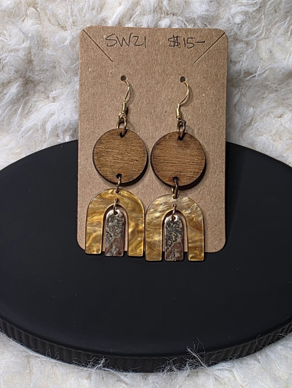 Gold Tone Wooden Arch Drop Earrings